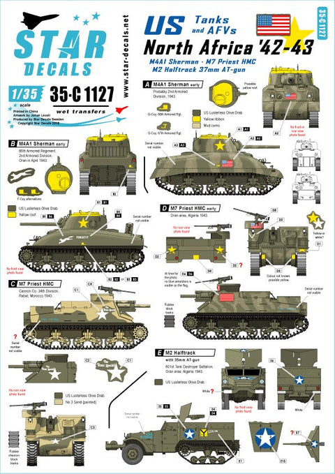 スターデカール 35-C1127 1/35 アメリカ 北アフリカ'42-43 M4A1シャーマン, M7 プリースト, M2 ハーフトラック 37mm 自走対空砲型