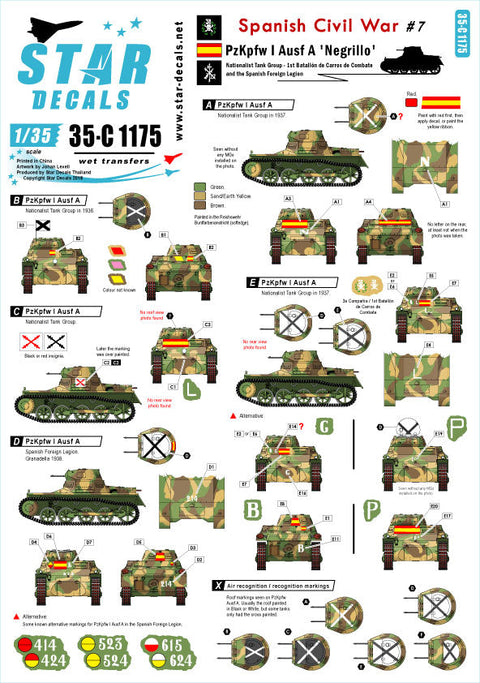 スターデカール 35-C1175 1/35 WWII 西班 スペイン内戦 #7 ナショナリスト派(反乱軍)に派遣された1号戦車A型