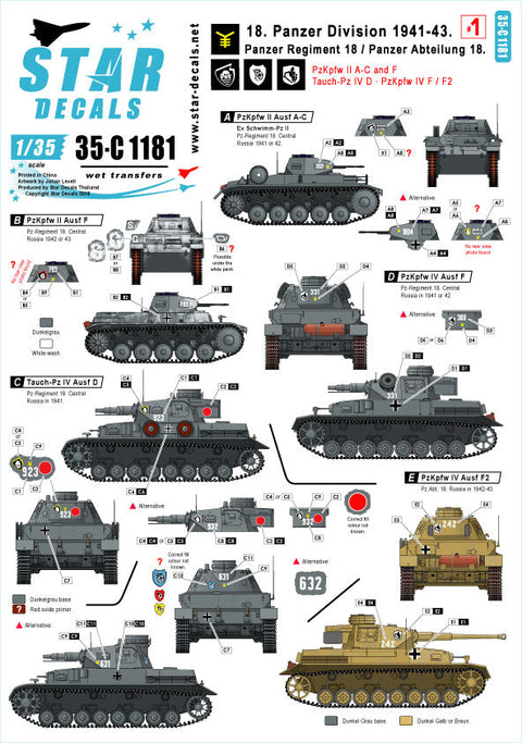 スターデカール 35-C1181 1/35 WWII ドイツ 第18装甲擲弾兵師団 #1 1941?43年 II号戦車A?C型及びF型、IV号戦車D型、F2型