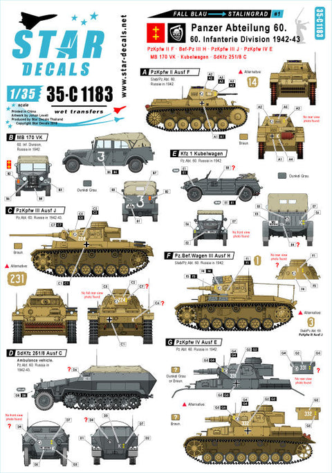 スターデカール 35-C1183 1/35 WWII ドイツ ブラウ作戦とスターリングラード #1 II号戦車F型、III号戦車J型、MB170VK、キューベルワーゲン他
