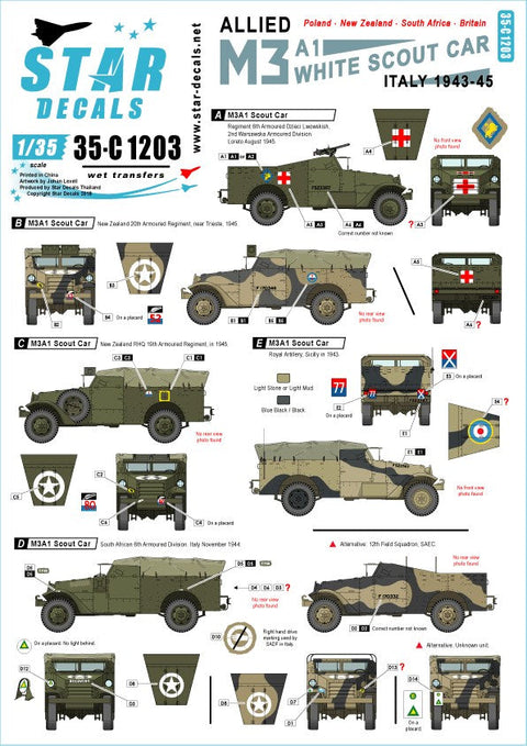 スターデカール 35-C1203 1/35 WWII アメリカ イギリス連邦 連合軍 M3A1ホワイトスカウトカー1943?45年のイタリア戦線で連合軍に就役したM3A1 自由ポーランド軍、ニュージーランド軍、南アフリカ軍、イギリス陸軍