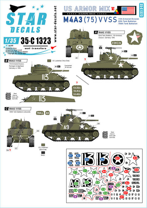 スターデカール 35-C1323 1/35 アメリカ AFV ミックス＃6 ヨーロッパでのM4A3(75)W 1944-45 第11機甲師団 第42機甲師団 第784機甲師団