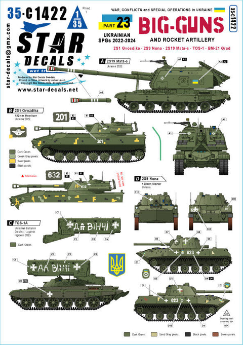 スターデカール 35-C1422 1/35 ウクライナ戦争＃23ウクライナの大型砲とロケット砲2S1・2S9 Nona・2S19 Msta-s・TOS-1・BM-21 Grad