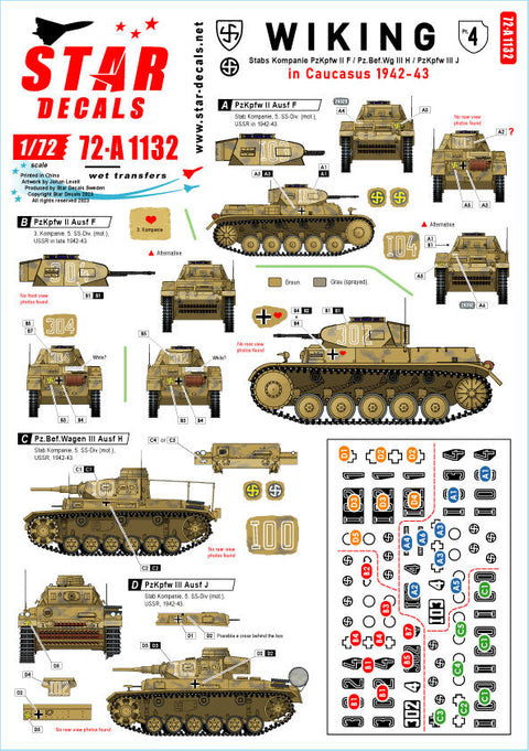 スターデカール 72-A1132 1/72 WWII ドイツ ヴィーキング師団＃4 第5SS装甲師団司令部中隊のII号戦車F型/III号指揮戦車H型/III号戦車J型 コーカサス1942-43年
