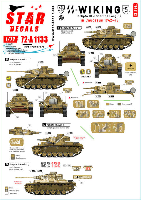 スターデカール 72-A1133 1/72 WWII ドイツ ヴィーキング師団＃5 III号戦車J型(短砲身)/J型(長砲身)/N型 コーカサス1942-43年