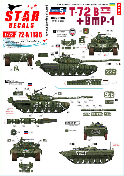スターデカール 72-A1135 1/72  ウクライナの戦争＃5 ドネツク共和国のT-72B(Mod.1985)主力戦車とBMP-1歩兵戦闘車(2022年)