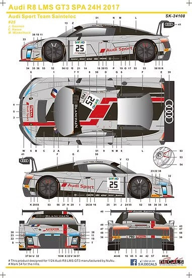 SKデカール SK24108 1/24 アウディ R8 LMS GT3 SPA 24H 17 アウディ スポーツ チーム Sainteloc