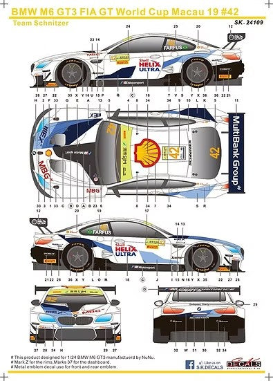 SKデカール SK24109 1/24 BMW M6 GT3 FIA GT ワールドカップ マカオ 19 チーム シュニッツァー