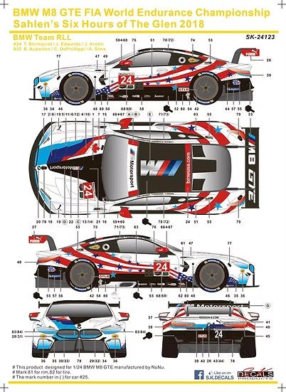 SKデカール SK24123 1/24 BMW M8 GTE IMSA スポーツカー選手権 ワトキンズ・グレン 6H 2018 BMW チーム RLL