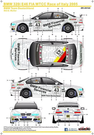 SKデカール SK24144 1/24 BMW 320i E46 世界ツーリングカー選手権 イタリア 2005 BMW チーム ドイツ #43