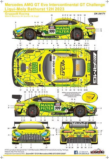 SKデカール SK24171 1/24 メルセデス AMG GT Evo インターコンチネンタルGTチャレンジ バサースト12時間 2023 GruppeM Racing