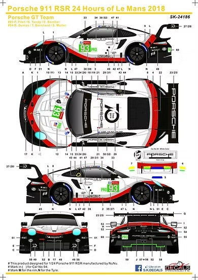 SKデカール 1/24 SK24186 ポルシェ 911 RSR FIA 世界耐久選手権 ル・マン24時間レース  2018 ポルシェ GT チーム #93 & #94