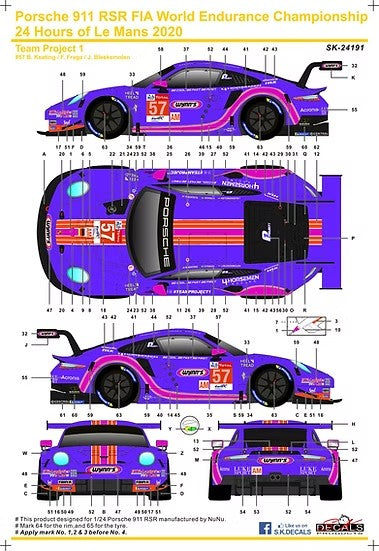 SKデカール 1/24 SK24191 ポルシェ 911 RSR FIA 世界耐久選手権 ル・マン24時間レース  2020 チーム・プロジェクト1 #57