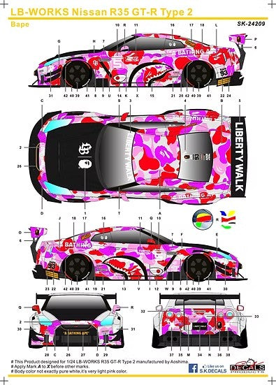 SKデカール SK24209 1/24 LBワークス 日産 R35 GT-R タイプ2 ベイプ (アオシマ用)