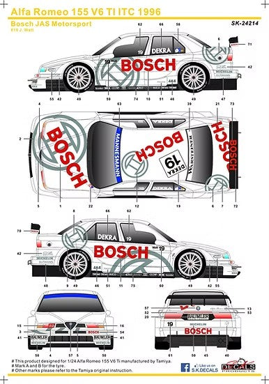 SKデカール SK24214 1/24 アルファロメオ 155 V6 Ti ITC 1996 ボッシュ JAS モータースポーツ アルファロメオ (タミヤ用)
